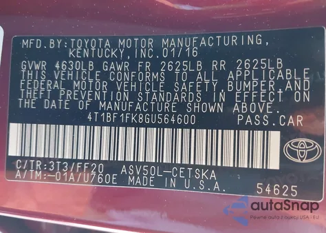 2016 Toyota Camry Se z USA, uszkodzony, nr VIN 4T1BF1FK8GU564600